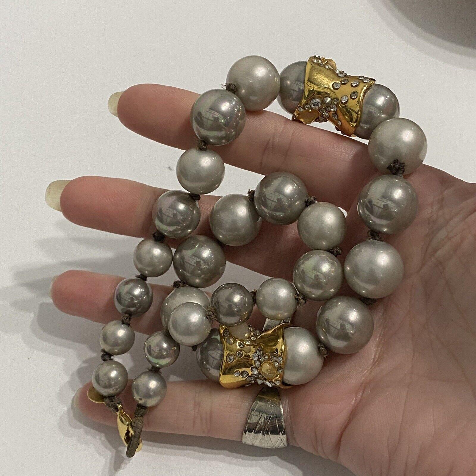 Modernist Vintage ALEXIS BITTAR Signed Designer Faux Pearl and Crystal Gilt Necklace For Sale