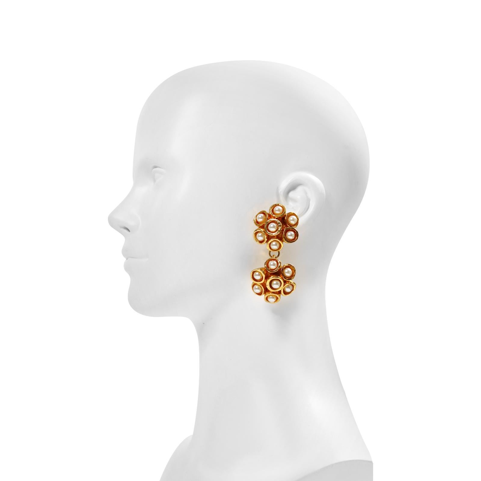 Vintage Alexis Lahellec Gold Honeycomb Faux Pearl Dangling Earrings, circa 1980s For Sale 5