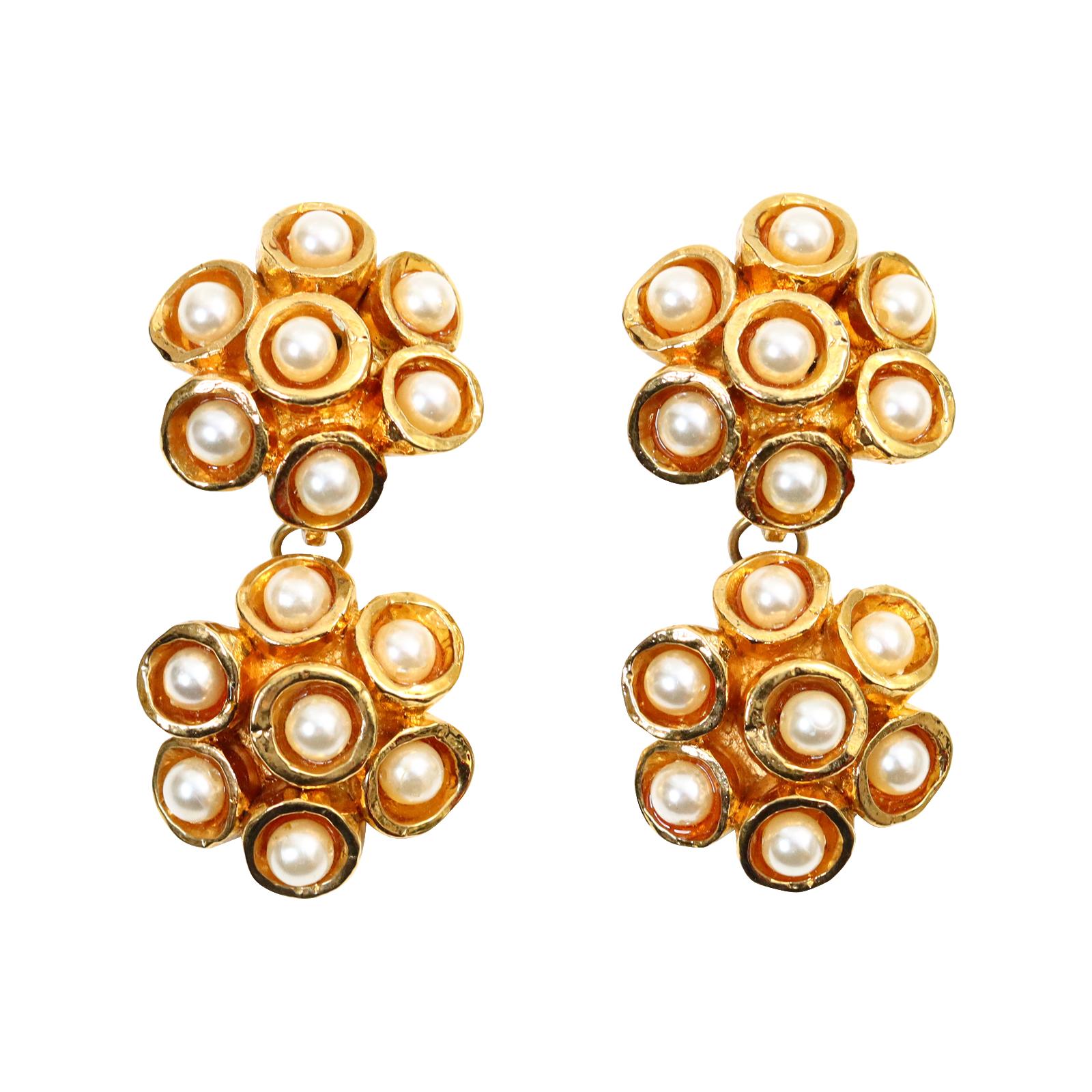 Vintage Alexis Lahellec Gold Honeycomb Faux Pearl Dangling Earrings Circa 1980s. Each little piece of the honeycomb is at a different level and has faux pearl which looks so great in the gold. Clip On.  These have such a look and are very classic