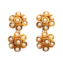 Vintage Alexis Lahellec Gold Wabe Kunstperle baumelnden Ohrringe, ca. 1980er Jahre