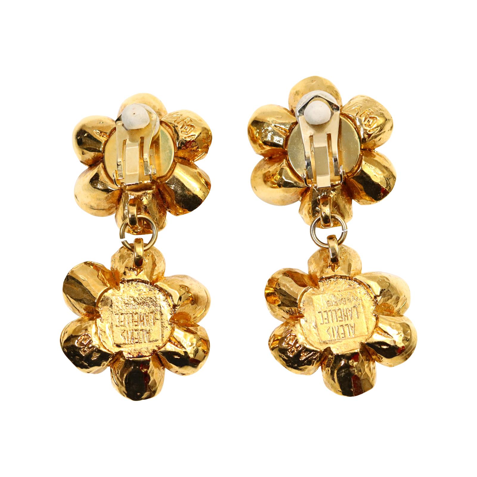 Artist Vintage Alexis Lahellec Gold Honeycomb Faux Pearl Dangling Earrings, circa 1980s For Sale