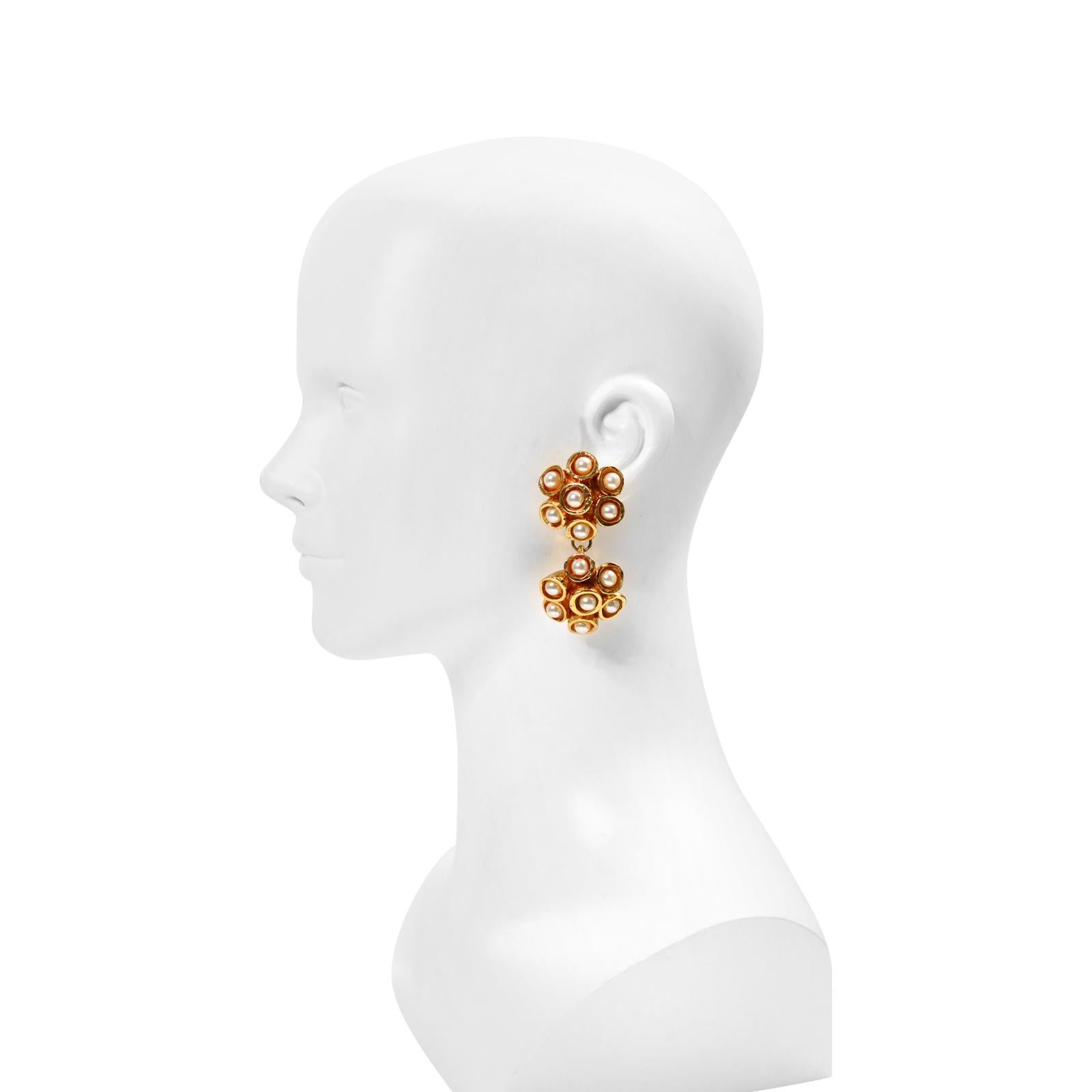 Vintage Alexis Lahellec Gold Honeycomb Faux Pearl Dangling Earrings, circa 1980s For Sale 4