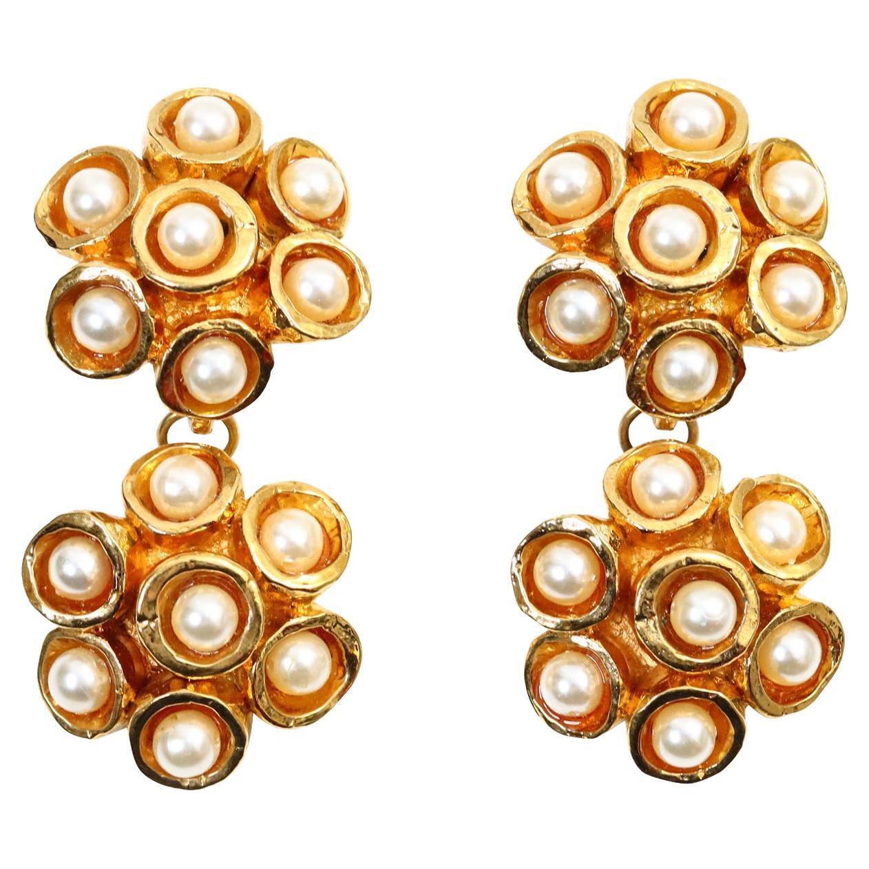Vintage Alexis Lahellec Gold Honeycomb Faux Pearl Dangling Earrings, circa 1980s For Sale