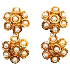 Vintage Alexis Lahellec Gold Honeycomb Faux Pearl Dangling Earrings, circa 1980s