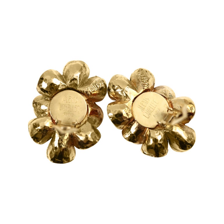 Vintage Alexis Lahellec Gold Honeycomb with Red and Pink Earrings Circa 1980s In Excellent Condition In New York, NY