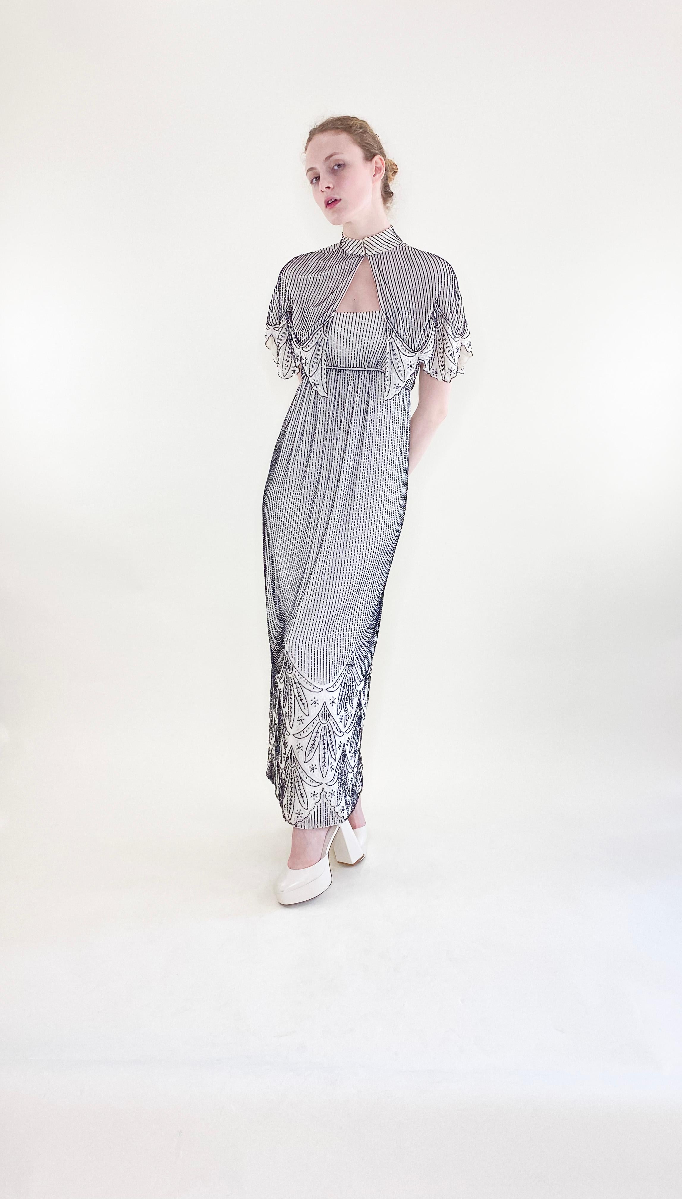 Vintage Alfred Bosand White Gown with Black Beads & Capelet For Sale 5
