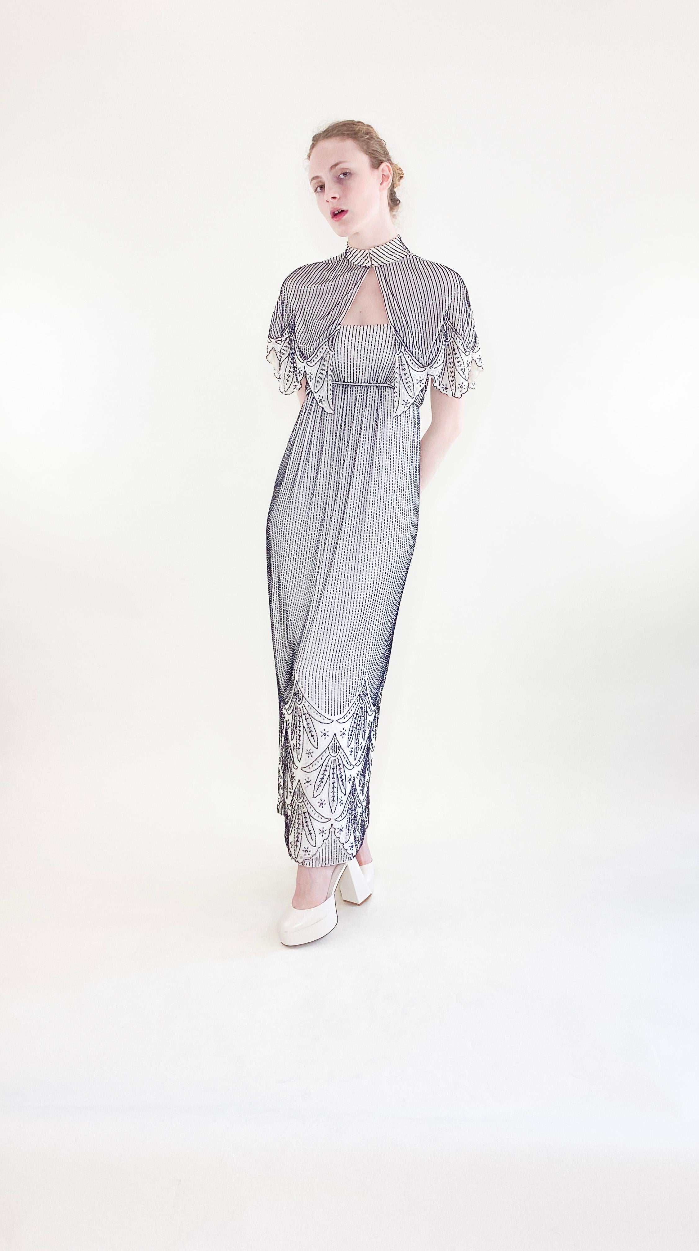 Vintage Alfred Bosand White Gown with Black Beads & Capelet For Sale 6