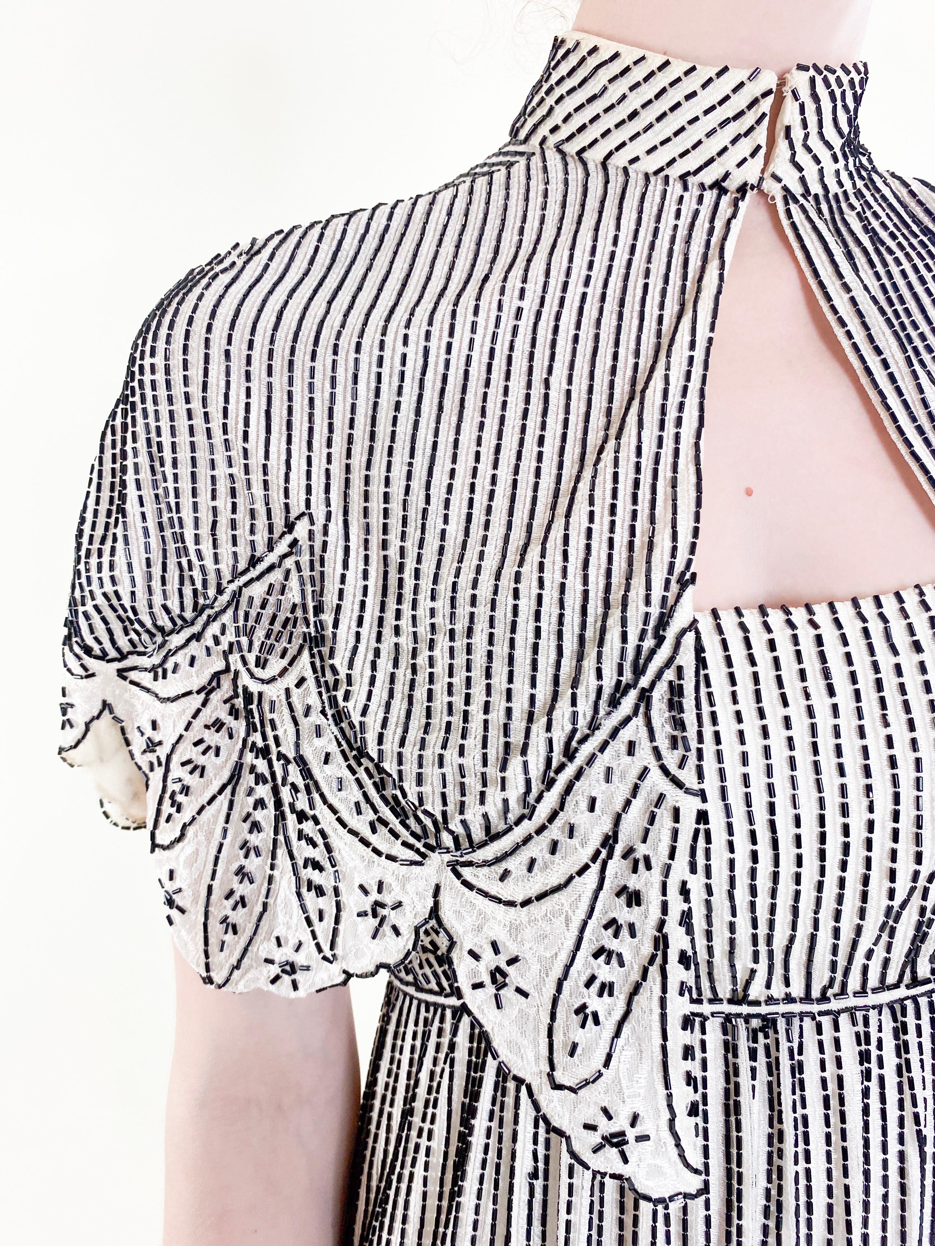 Vintage Alfred Bosand White Gown with Black Beads & Capelet For Sale 7