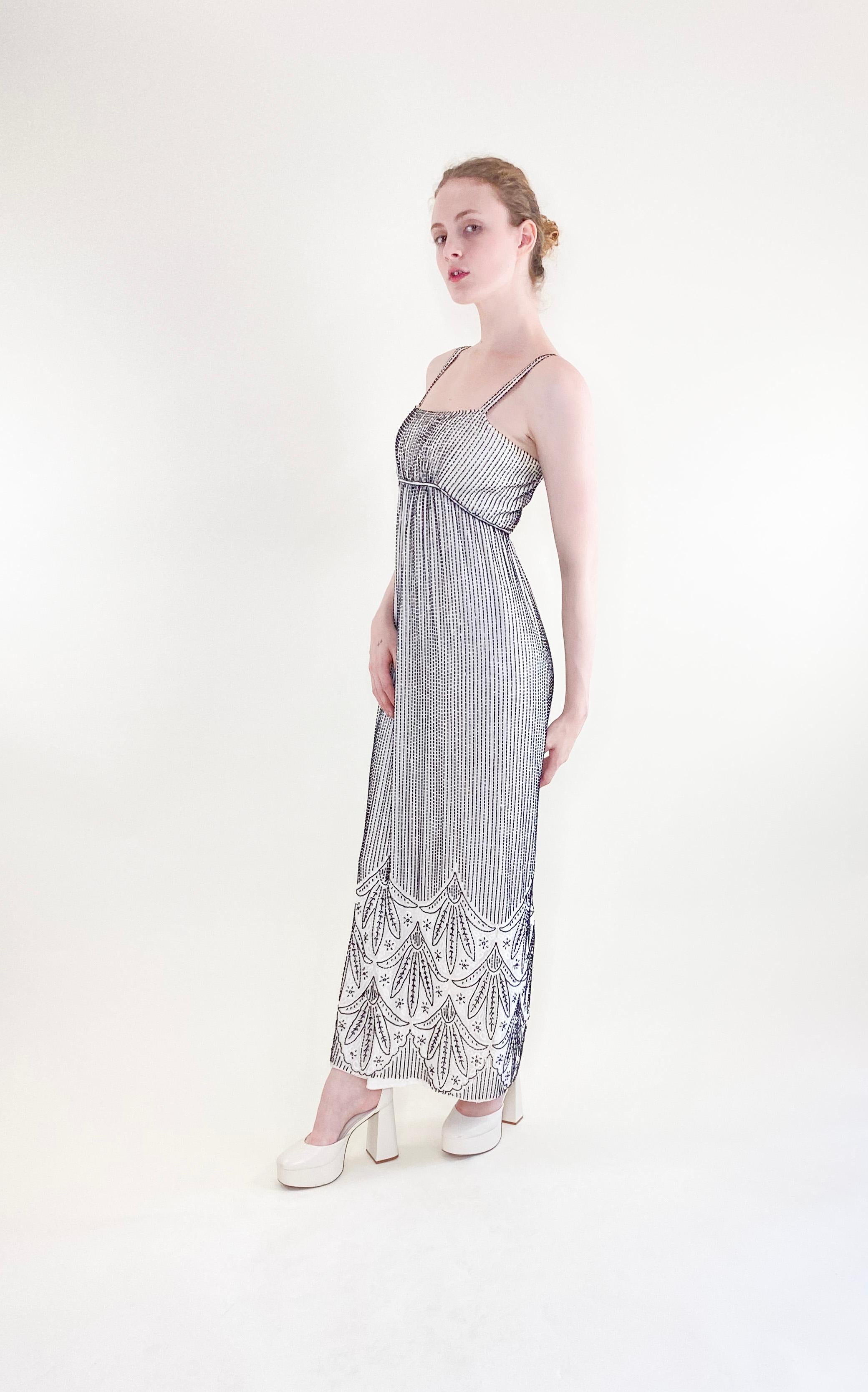 Gray Vintage Alfred Bosand White Gown with Black Beads & Capelet For Sale