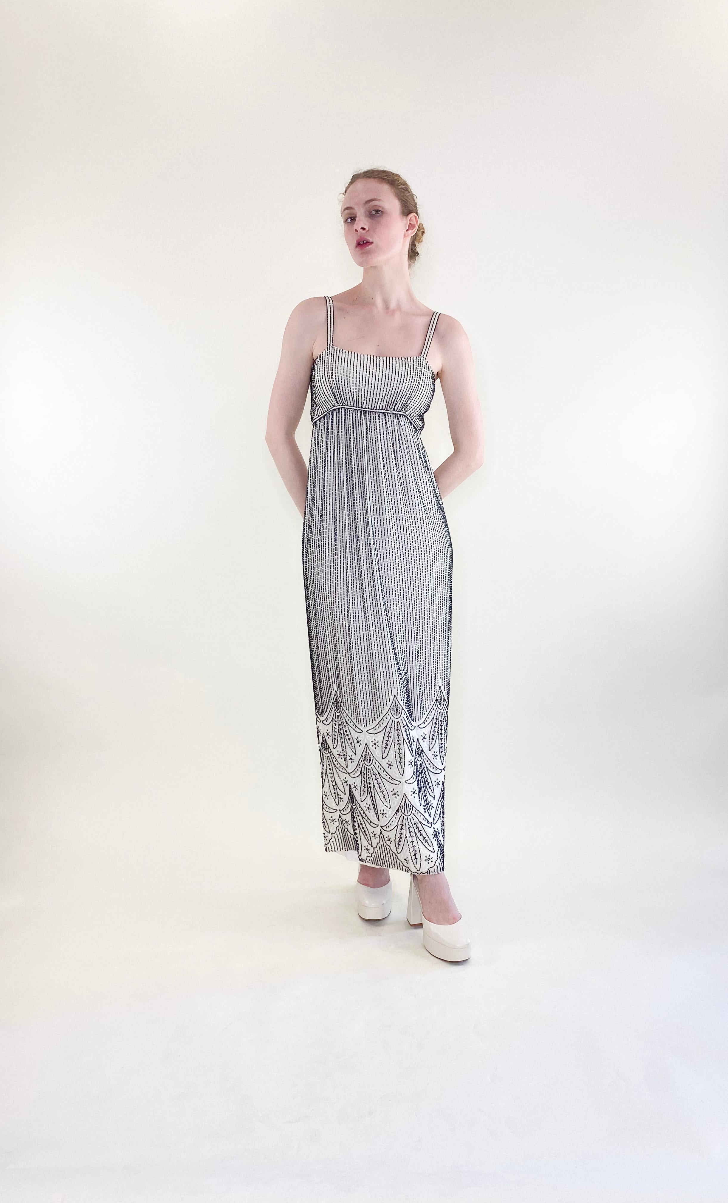 Vintage Alfred Bosand White Gown with Black Beads & Capelet In Good Condition For Sale In Los Angeles, CA