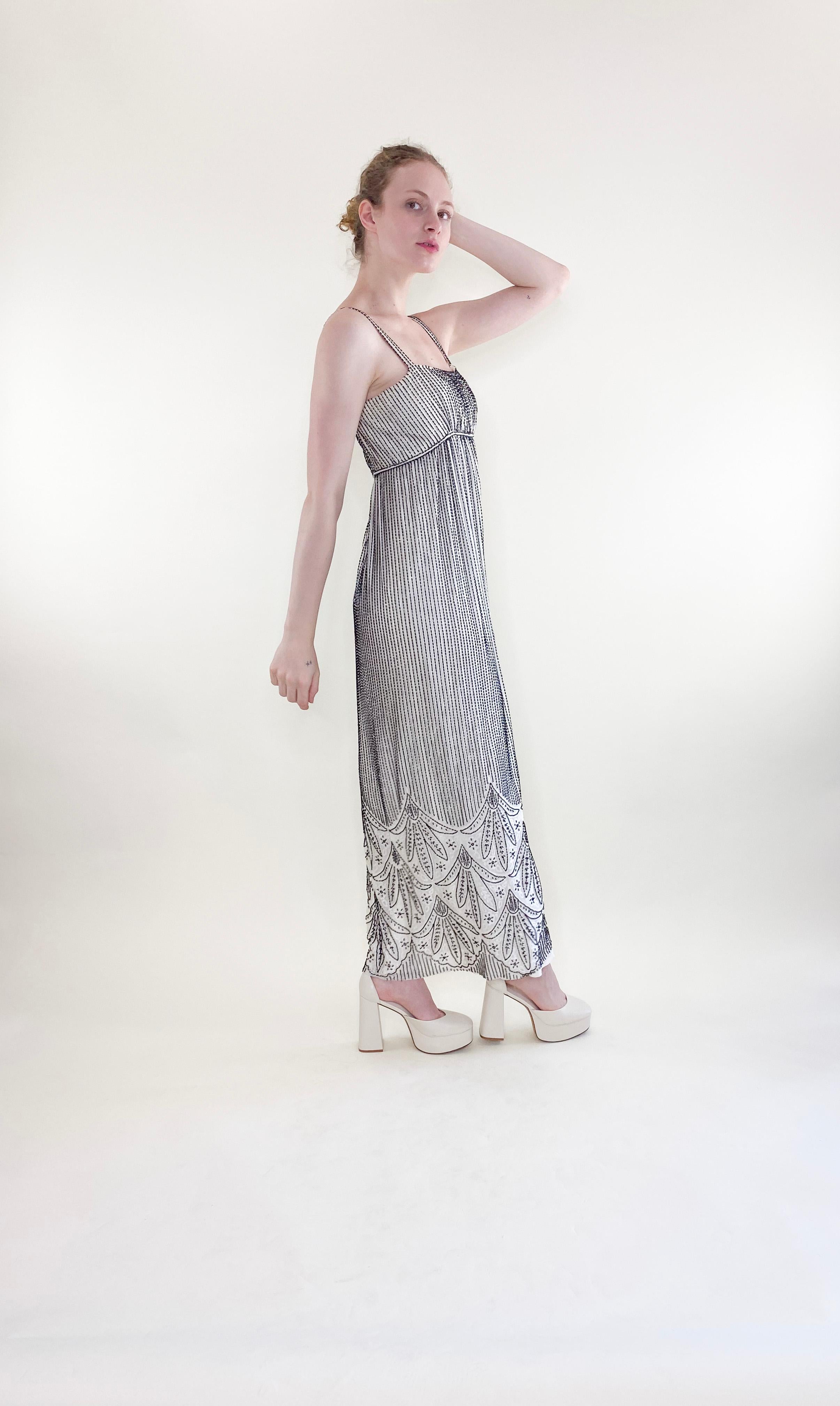 Women's Vintage Alfred Bosand White Gown with Black Beads & Capelet For Sale