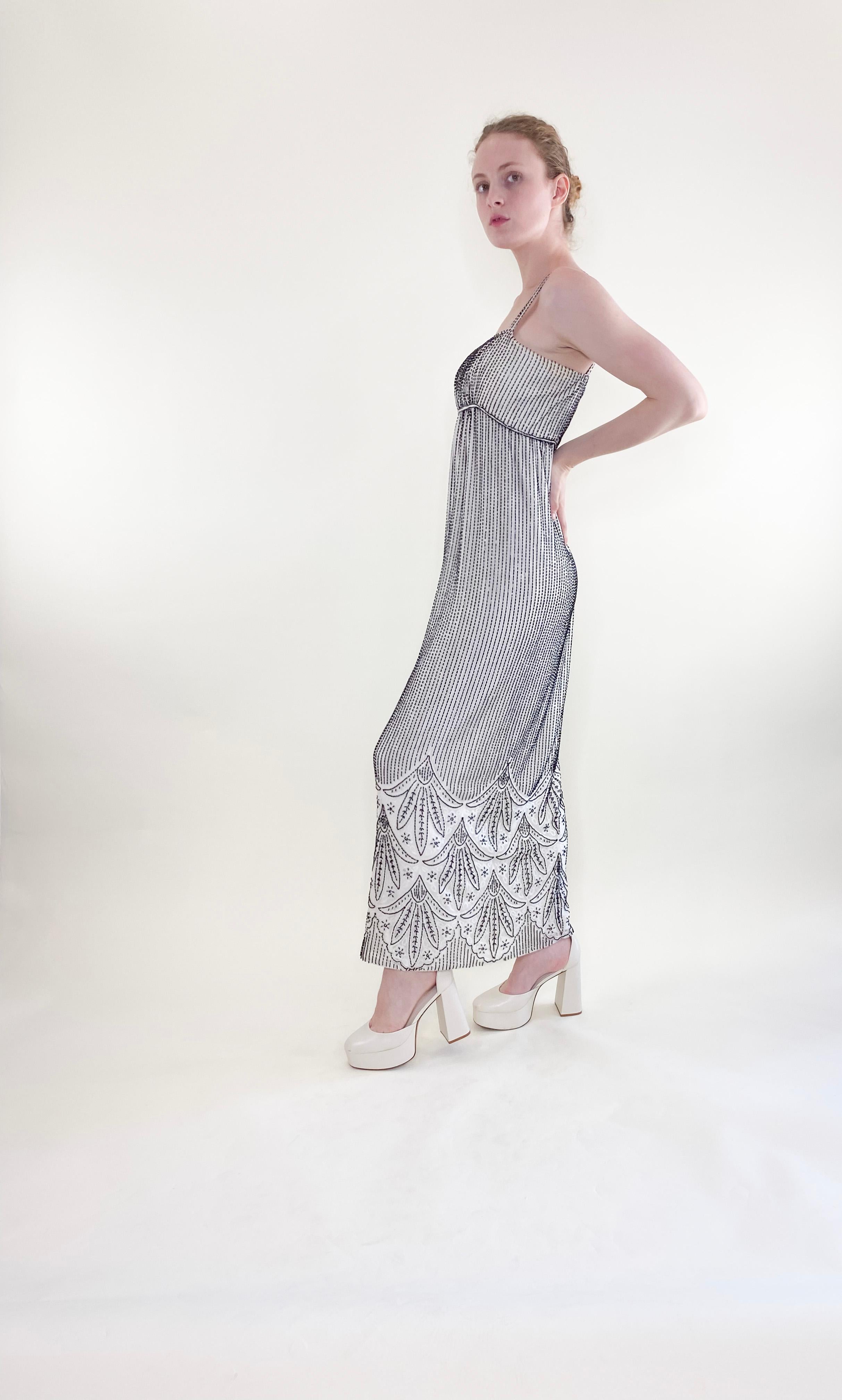 Vintage Alfred Bosand White Gown with Black Beads & Capelet For Sale 1