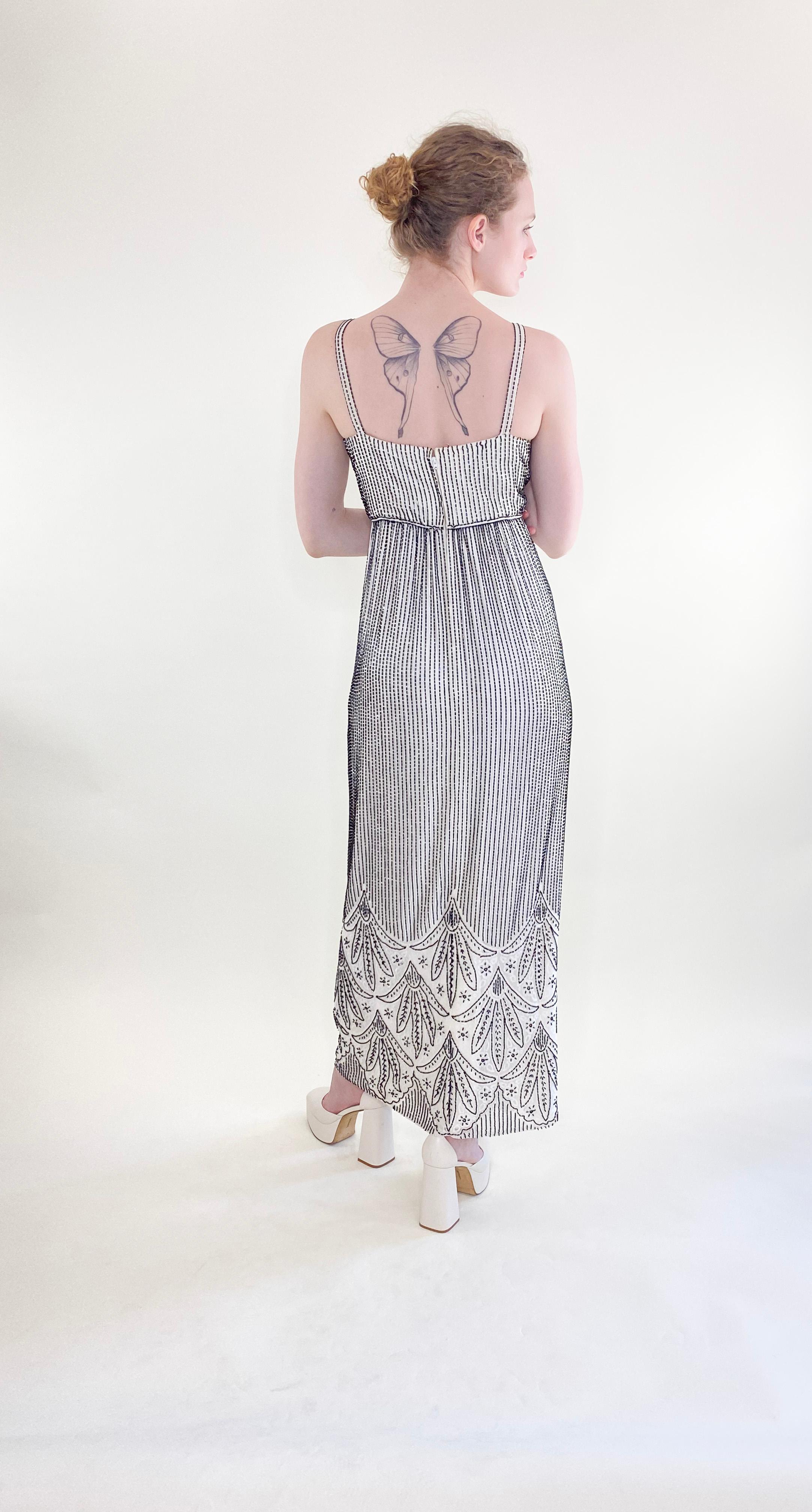 Vintage Alfred Bosand White Gown with Black Beads & Capelet For Sale 4