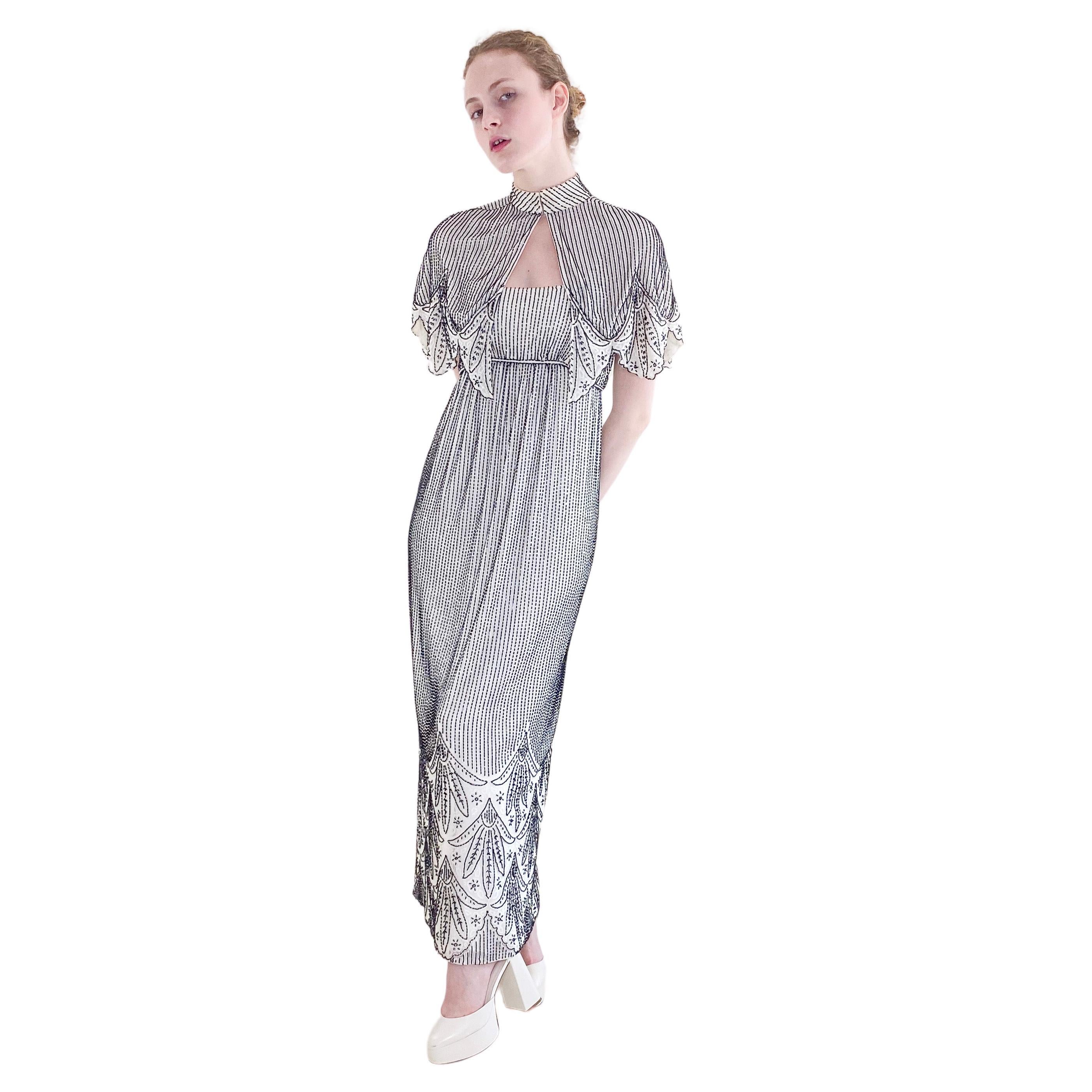 Vintage Alfred Bosand White Gown with Black Beads & Capelet For Sale