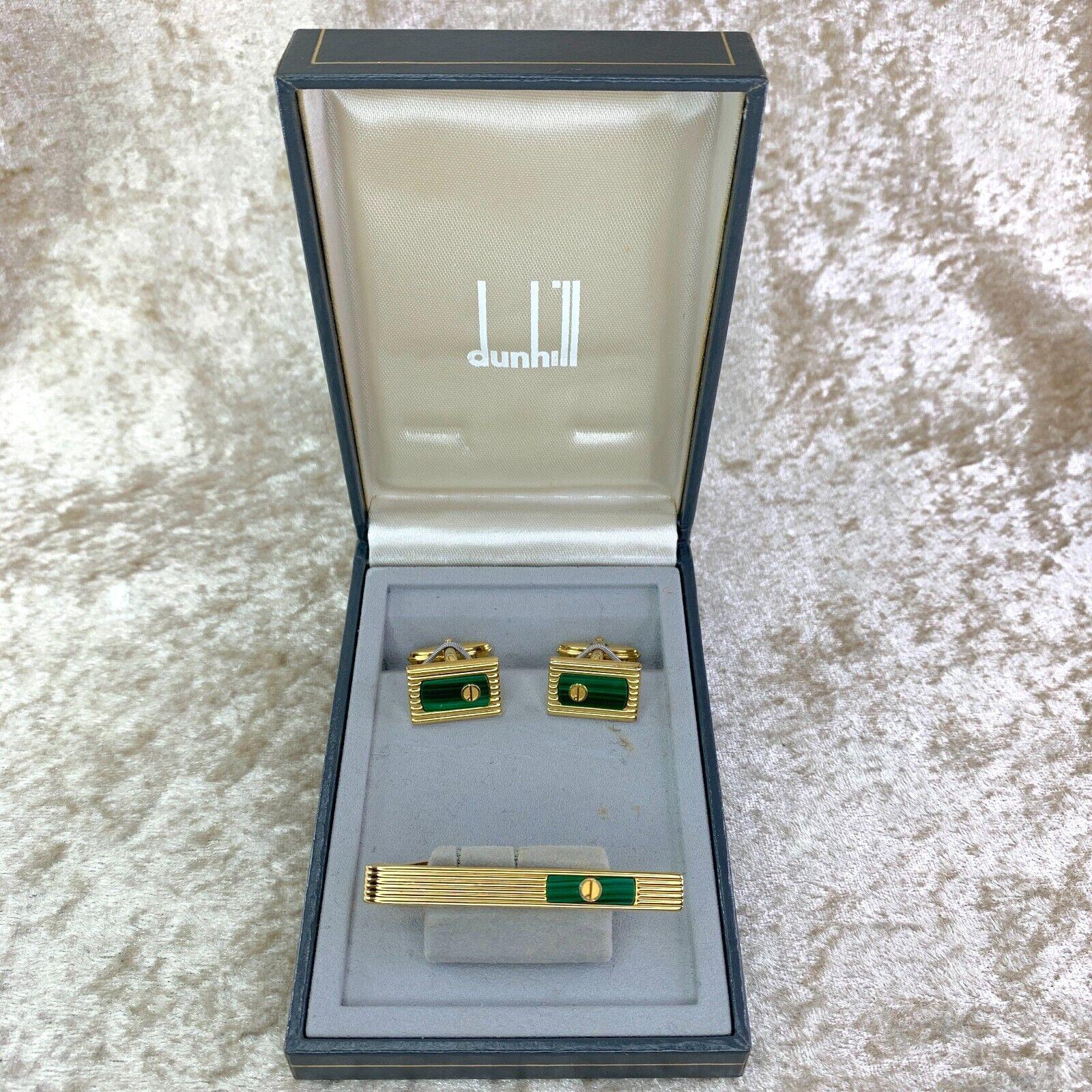 Vintage Alfred Dunhill Cufflinks & Tie Clip Green Malachite & Gold Plated For Sale 4
