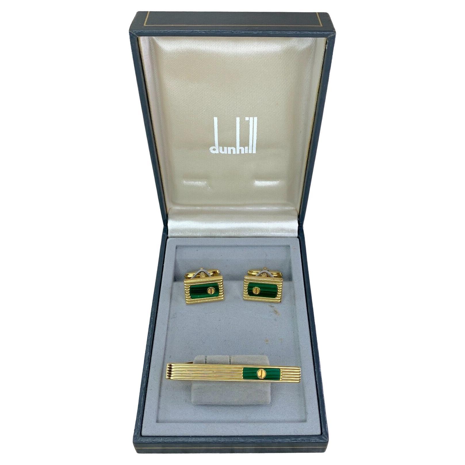 Vintage Alfred Dunhill Cufflinks & Tie Clip Green Malachite & Gold Plated For Sale