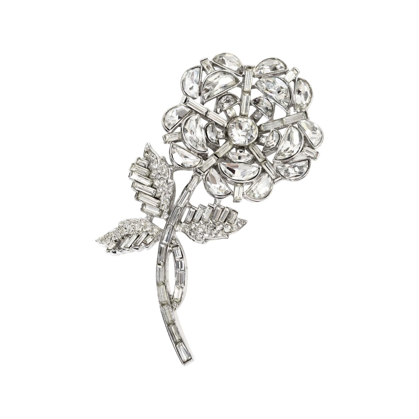 Vintage Alfred Phillipe Trifari Flower Brooch Pat Pend Circa 1951. This brooch is so magnificent.  It looks like fine jewelry and is preserved so well. There are so many different cuts used in this brooch from pave, baguette, round and half round. 