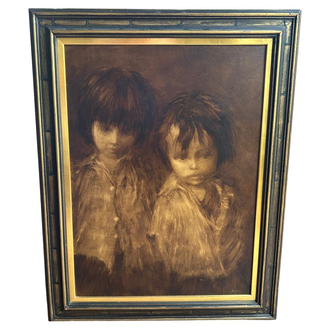 Huile sur panneau de massonite vintage d'Alfred Sussi représentant deux enfants