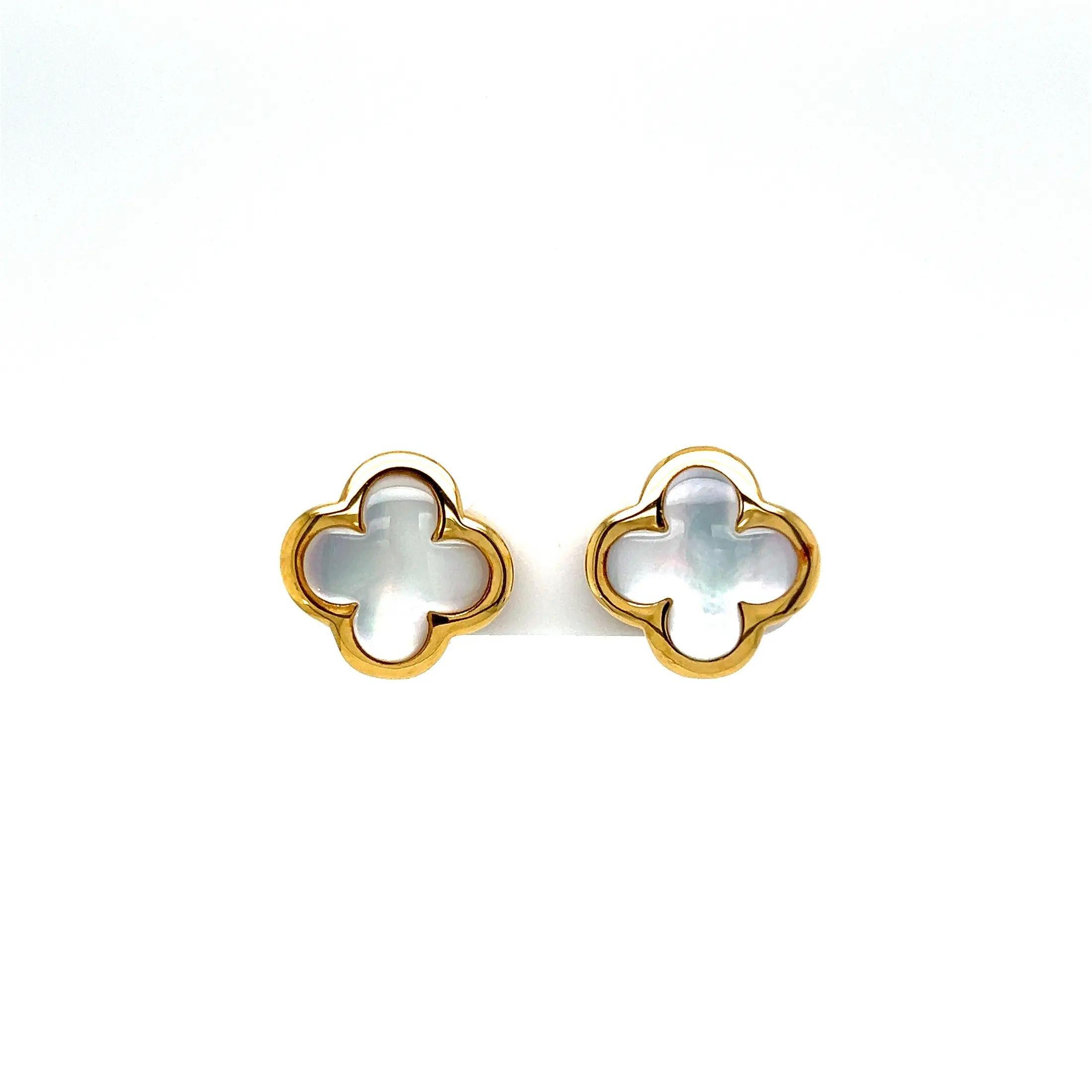 Simply Beautiful! Finely detailed Hand-Crafted Alhambra Clover Mother of Pearl MOP Gold Earrings. Featuring lustrous, creamy white Mother of Pearl Hand set in 18K yellow Gold setting. The earrings measure approx. 0.6