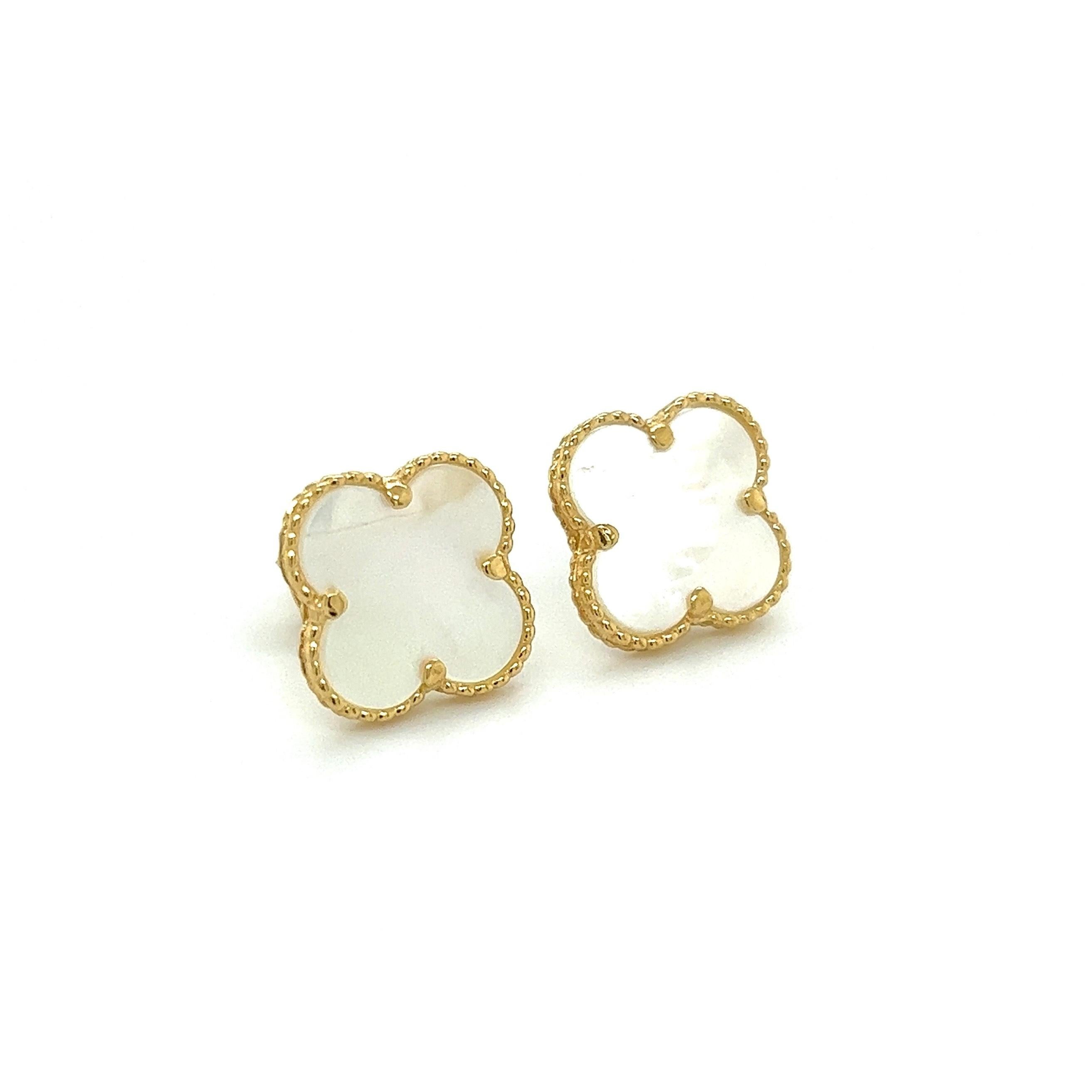 Simply Beautiful! Finely detailed Hand-Crafted Alhambra Clover Mother of Pearl MOP Gold Earrings with Granulation. Measuring approx. 14.5mm. Approx. Dimensions: 0.57” l x 0.49” w. Post with friction backs. Hand crafted 18K Yellow Gold mounting. In