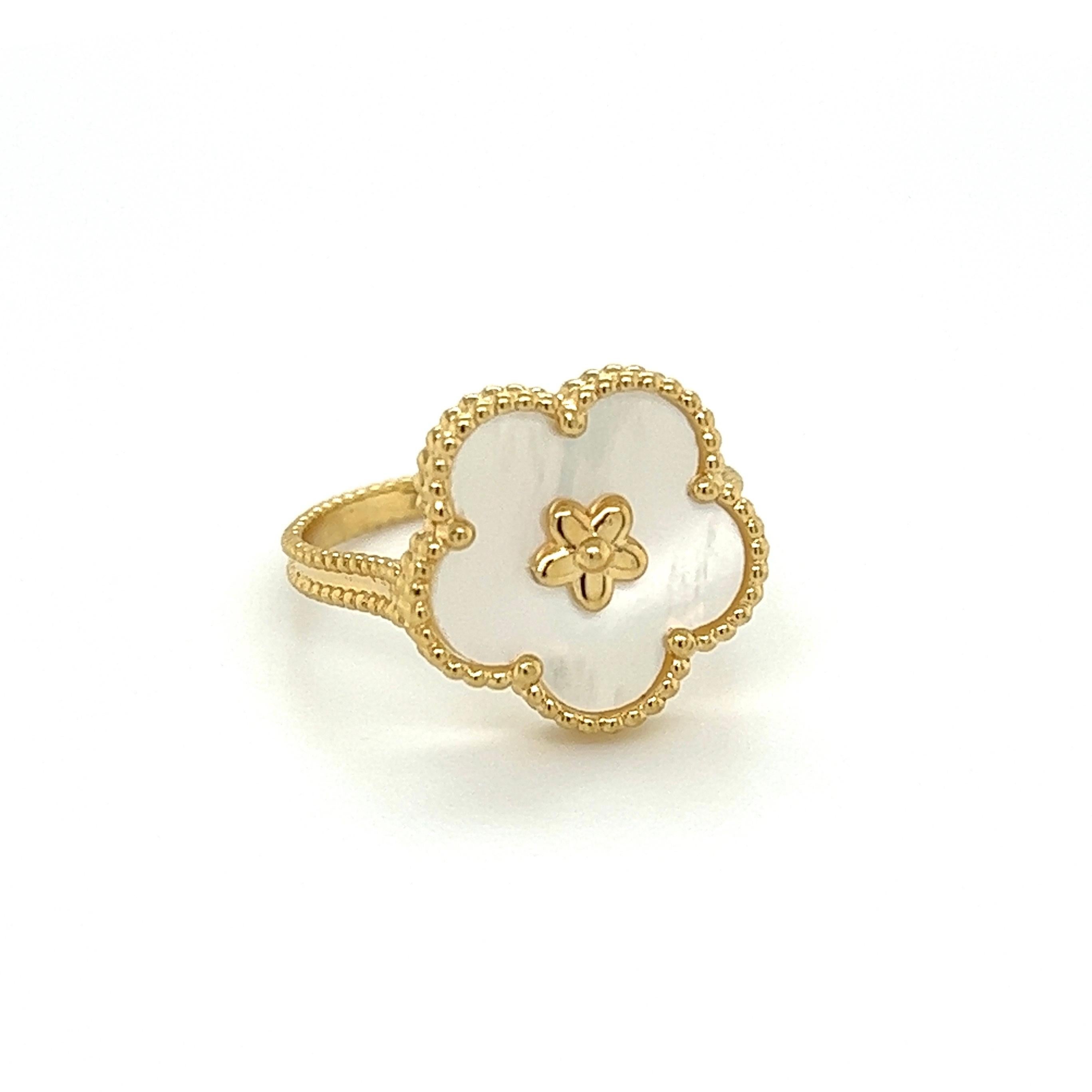 Simply Beautiful! Finely detailed Hand-Crafted Alhambra Clover Mother of Pearl MOP Gold Ring with Granulation. Hand crafted 18K Yellow Gold mounting. Ring size: 5.75, we offer ring resizing. In excellent condition, recently professionally cleaned