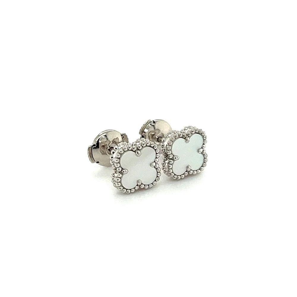 Simply Beautiful! Finely detailed Hand-Crafted Alhambra Clover Mother of Pearl MOP Gold Earrings with Granulation. Post with friction backs. Hand crafted 18K White Gold mounting. Marked:  AU 750 JE 568315. In excellent condition, recently