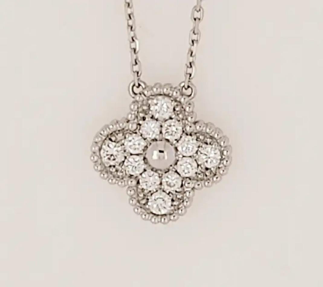 Brand Van Cleef & Arpels 
Mint Condition 
18KWhite Gold
Gender Women 
Chain Length 16'' 
Weight 5.5gr 
Diamond 12 stones 
Diamond 1.2cts 
Round diamond 
diamond quality DEF, IF to VVS. 
Motif dimension 15mm X 15mm 
Comes with Box no papers
