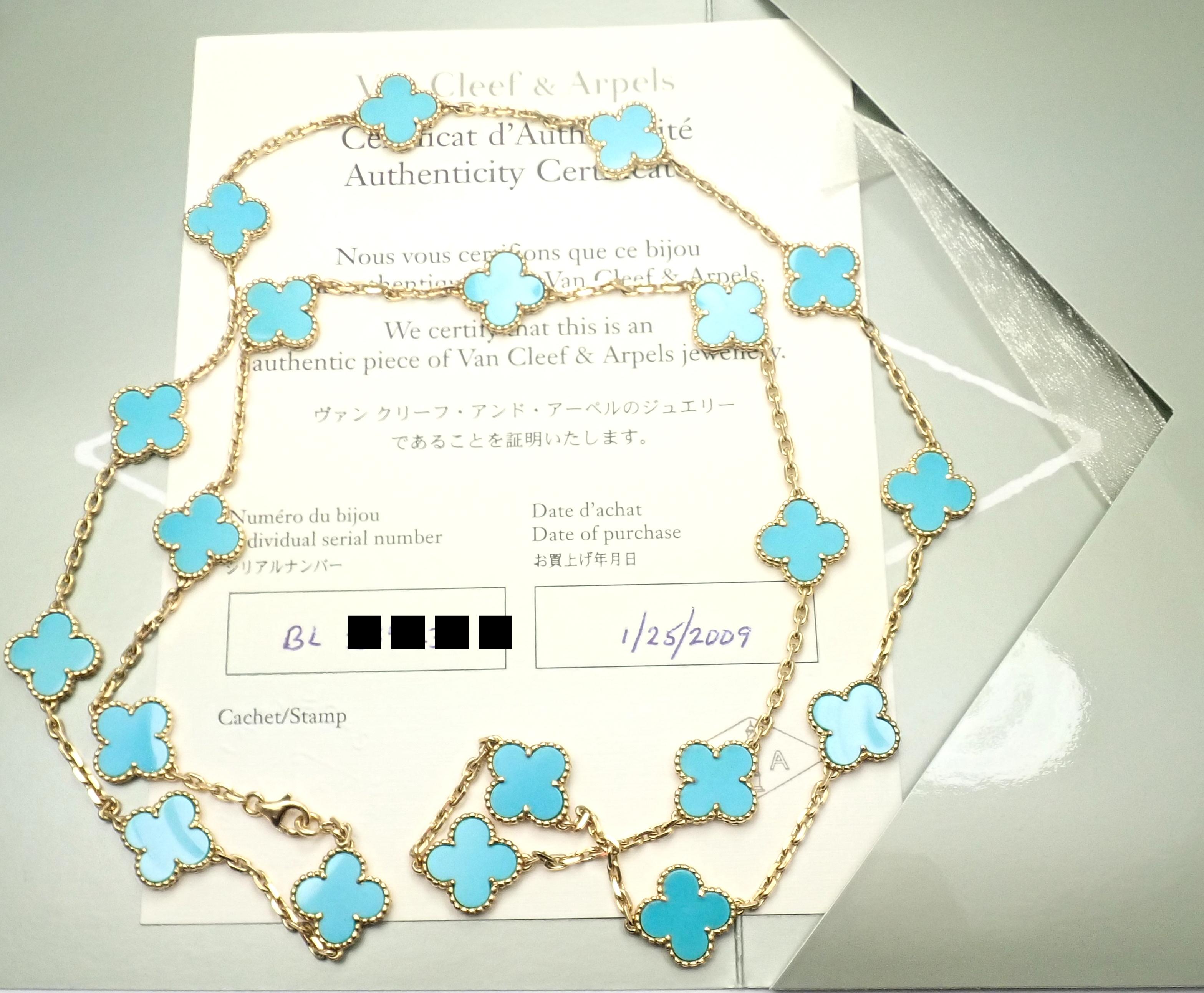 18k Yellow Gold Alhambra 20 Motifs Turquoise Necklace by Van Cleef & Arpels. 
This necklace comes with a Van Cleef & Arpels certificate from VCA store and a box.
With 20 motifs of turquoise alhambra stones 15mm each
Details: 
Length: 32