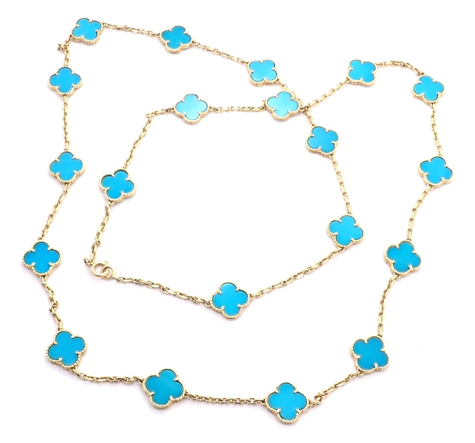 18k Yellow Gold Alhambra 20 Motifs Turquoise Necklace by Van Cleef & Arpels. 
*** This is an extremely rare, highly collectible turquoise alhambra 35.5