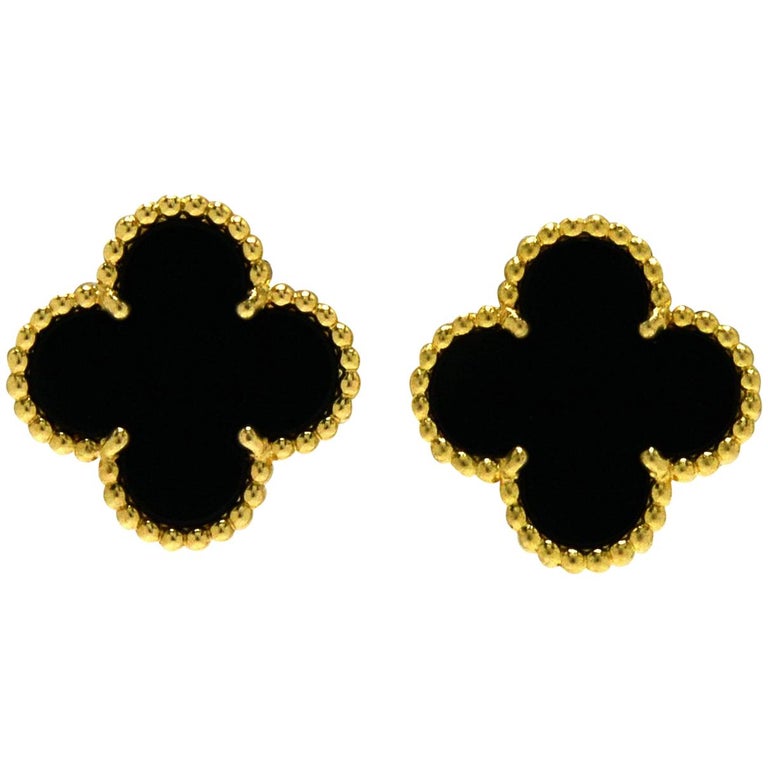 Vintage Alhambra Van Cleef and Arpels Black Onyx 18 Karat Gold Clover Earrings at 1stDibs