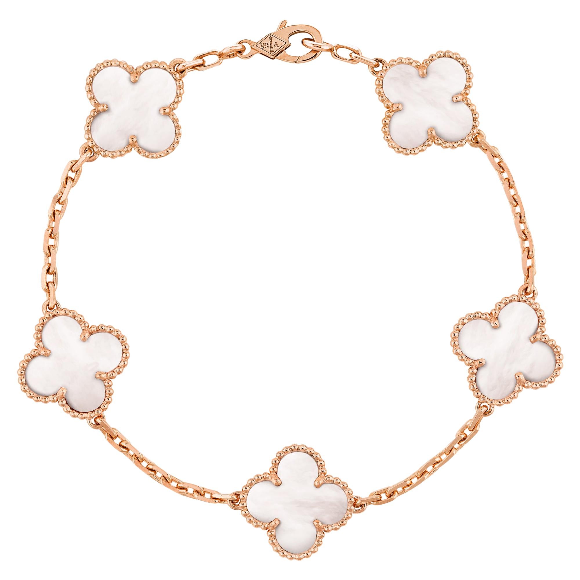 Vintage Alhambra Van Cleef & Arpels Bracelet 5 Motifs Mother of Pearl Rose Gold