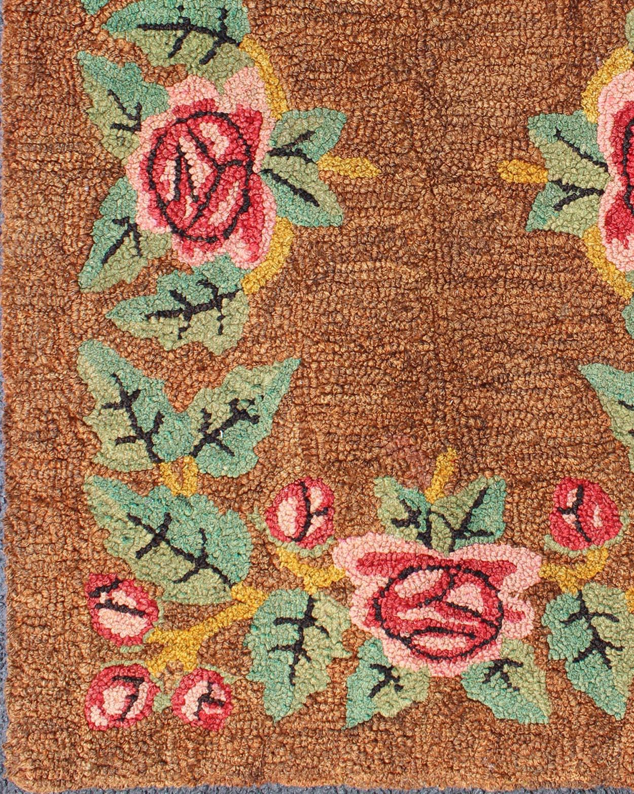 Hand-Knotted Vintage All-Over American Hooked Rug with Large Flower Design For Sale