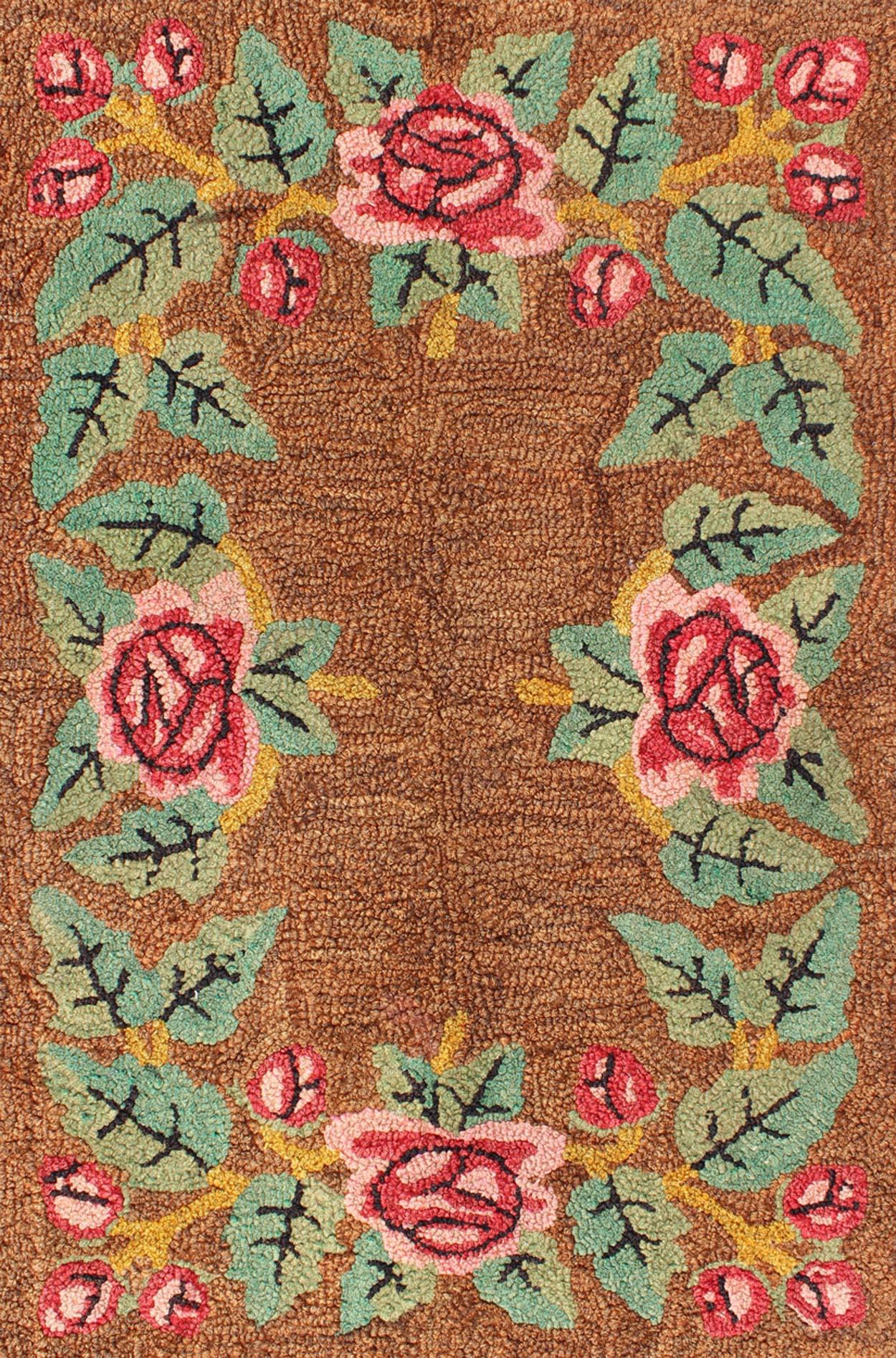 Vintage All-Over American Hooked Rug with Large Flower Design In Excellent Condition For Sale In Atlanta, GA