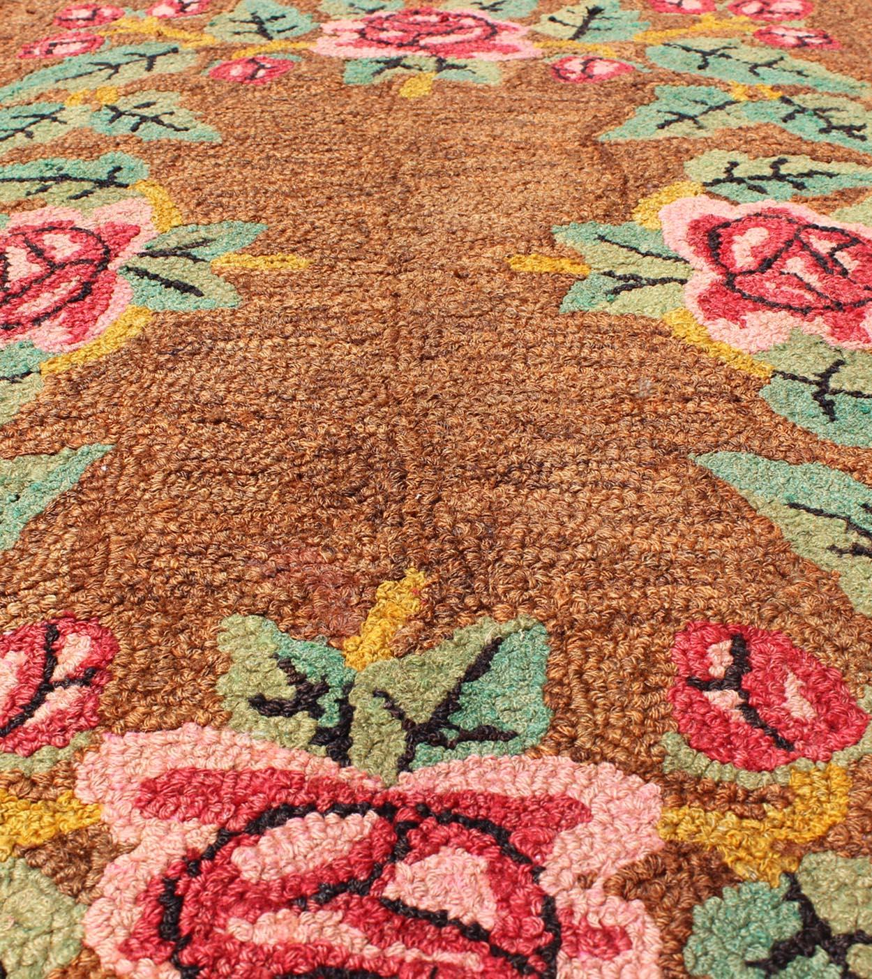 Wool Vintage All-Over American Hooked Rug with Large Flower Design For Sale