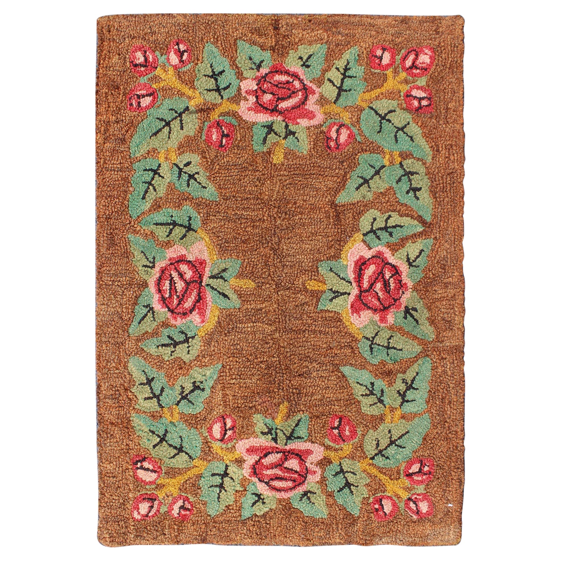 Tapis crocheté américain vintage à capuche avec grand motif de fleur