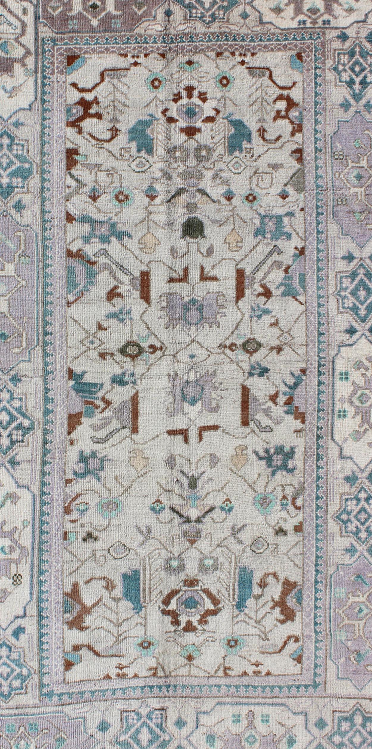 20th Century Vintage All-Over Floral Turkish Oushak Area Rug in Cream, Blue, Lilac and Brown For Sale