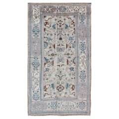 Vintage All-Over Floral Turkish Oushak Area Rug in Cream, Blue, Lilac and Brown