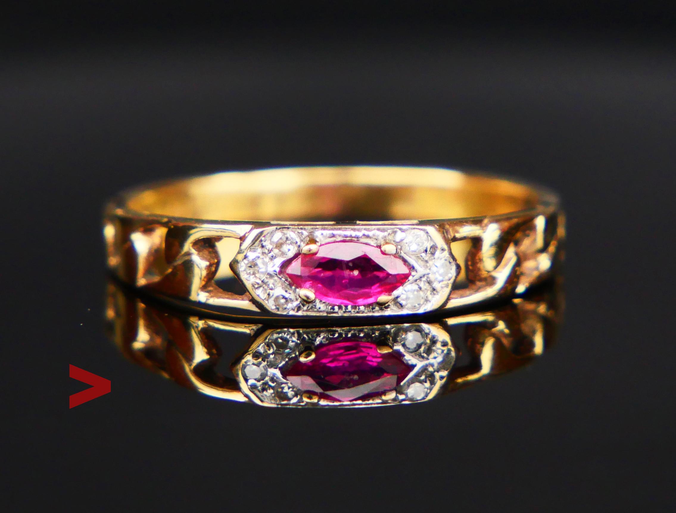 All Seeing Eye Ring with chained shoulders featuring fancy Marquise cut natural Ruby 5.5mm x 2.75 mm /ca 0.2ct and Six eight- cut Diamonds Ø 1mm /0.005ct each, all enclosed inside a six-pointed cluster in White Gold or Platinum. In finest used