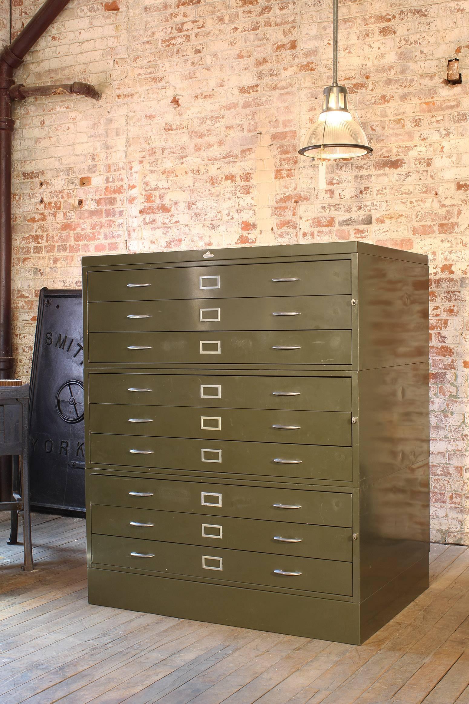 Vintage nine-drawer metal flat-file cabinet made by All-Steel. Architect's, draftsman drawing and document storage. Measures: 56 1/2