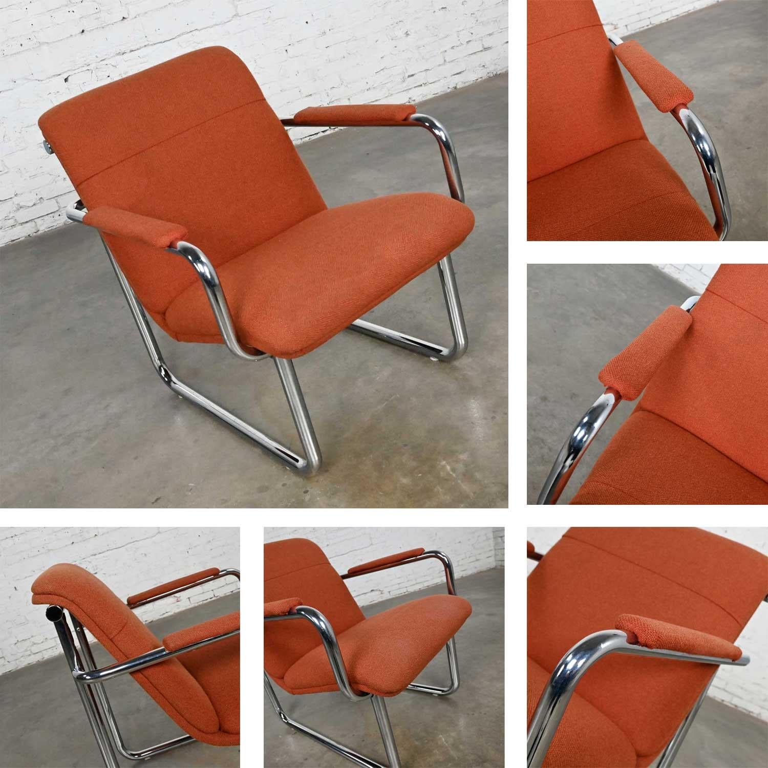 Vintage All Steel Inc. Modern Armchair Original Orange Hopsacking & Chrome Frame 3