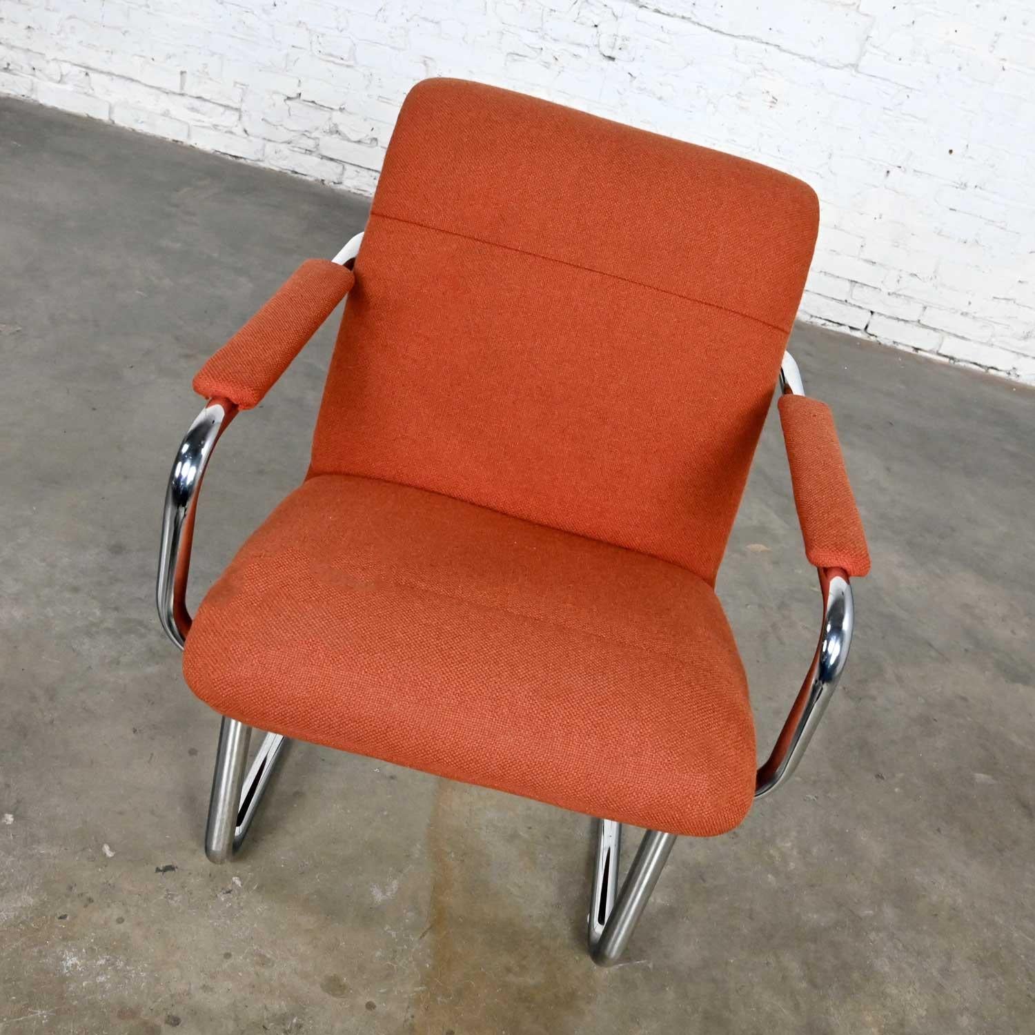 American Vintage All Steel Inc. Modern Armchair Original Orange Hopsacking & Chrome Frame