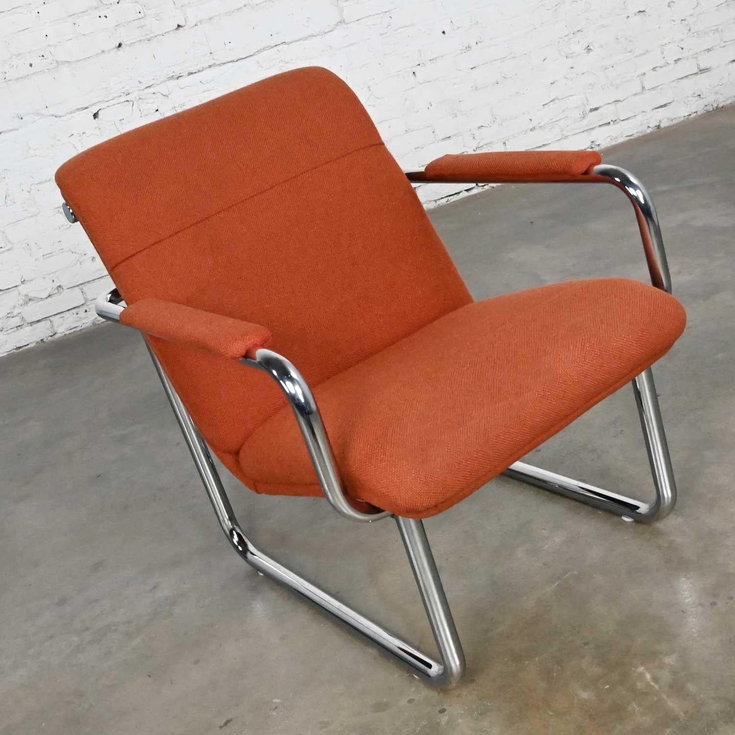 Vintage All Steel Inc. Modern Armchair Original Orange Hopsacking & Chrome Frame In Good Condition In Topeka, KS