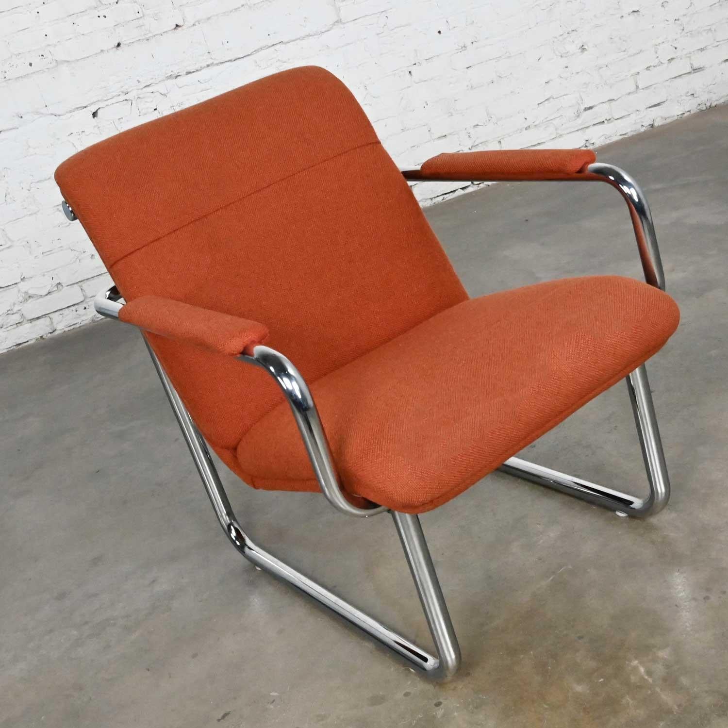American Vintage All Steel Inc. Modern Armchair Original Orange Hopsacking & Chrome Frame