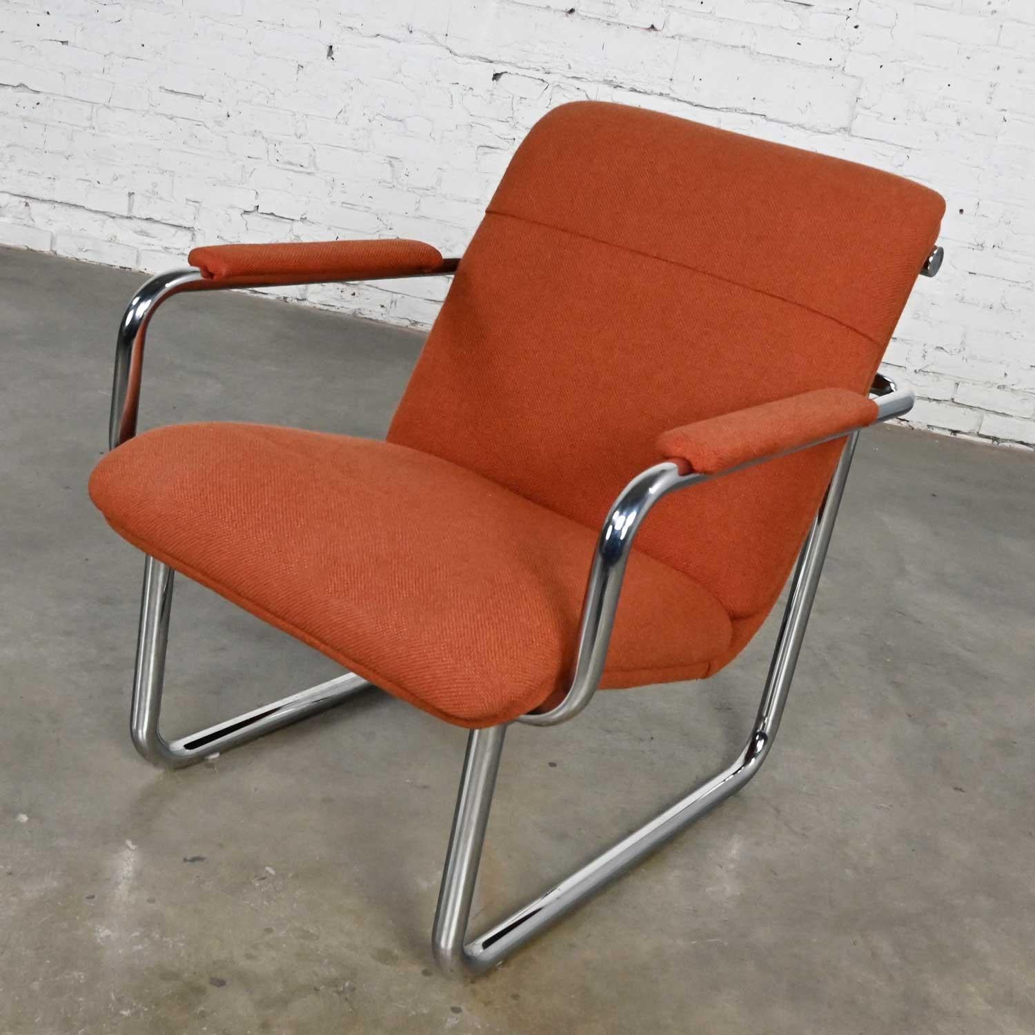 20th Century Vintage All Steel Inc. Modern Armchair Original Orange Hopsacking & Chrome Frame