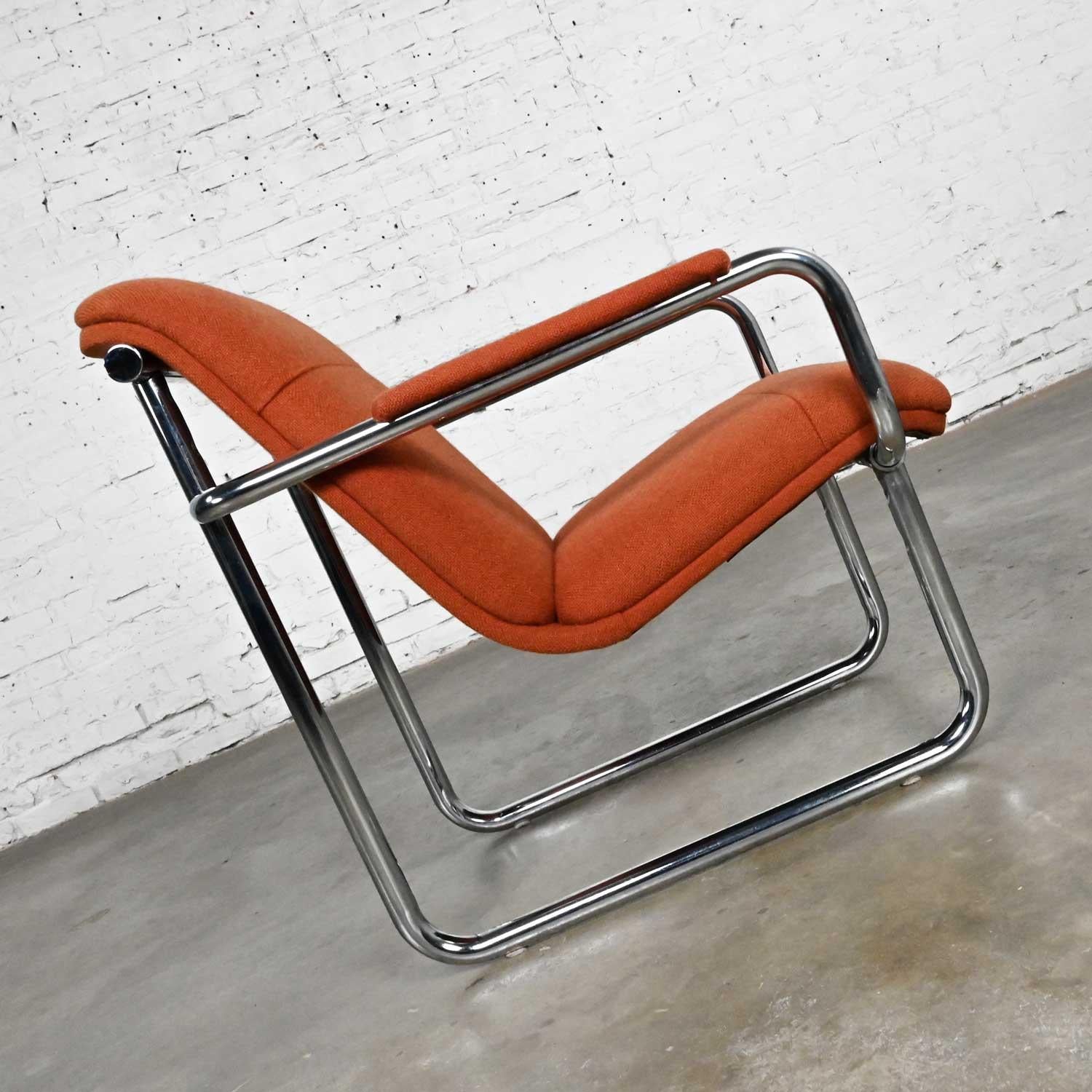 Vintage All Steel Inc. Modern Armchair Original Orange Hopsacking & Chrome Frame 1