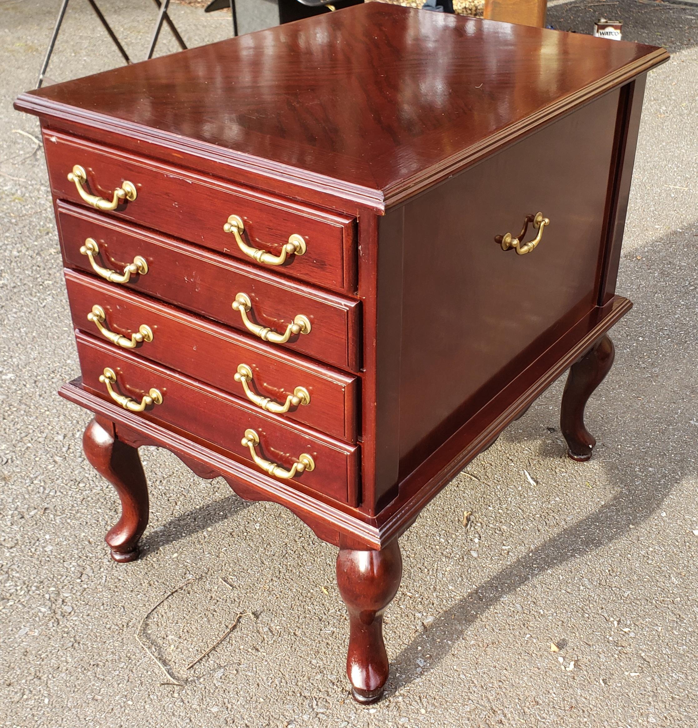 Rare Allen Classics Mahogany TV tray table cabinet with 4 beautiful tray tables will add practicality, convenience, and elegance to any room in the house. Each table has folding legs and slides right into the side table cabinet for storage.
  