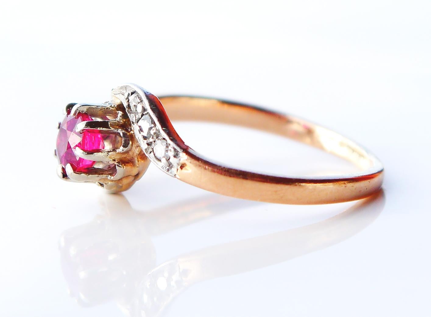 Old European Cut Antique Ring 0.5 Ruby Diamonds solid 18K Rose Gold Ø4.75 US / 2.2 g For Sale