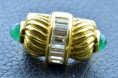 Vintage Allison Kaufman Baguette Cut Diamond Ring with Emerald Cabochons in 18KT
