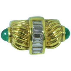 Vintage Allison Kaufman Baguette Cut Diamond Ring with Emerald Cabochons in 18KT