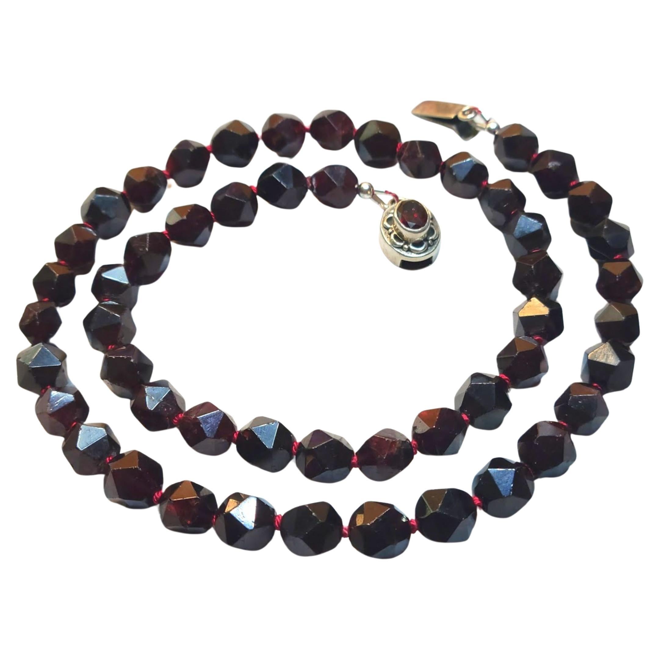 Vintage Almandine Garnet Beaded Necklace with Garnet Silver Clasp